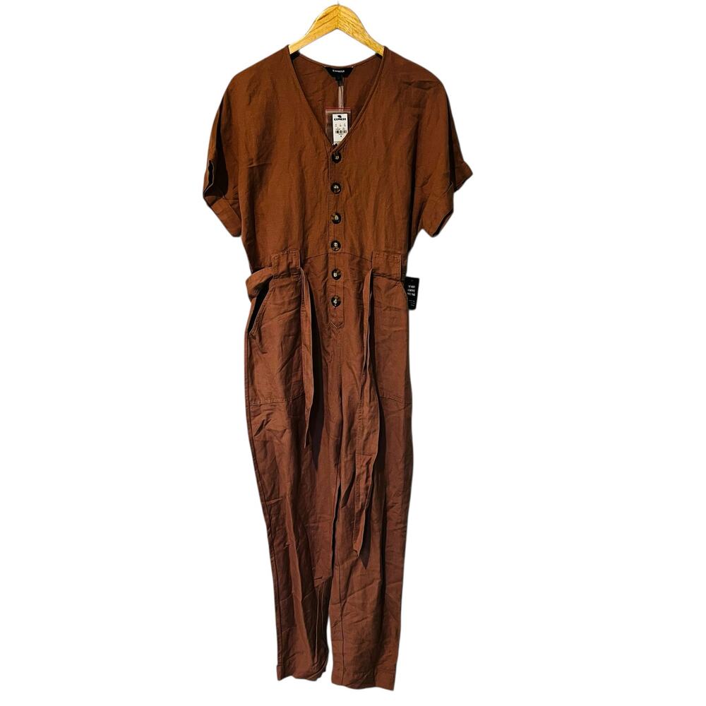 Express Dusty Pink Linen Blend Half Button Jumpsuit Size XS NWT - Picture 2 of 9